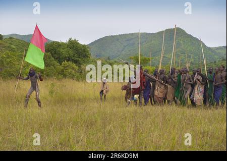 Donga stick fighting ceremony, Surma tribe, Tulgit, Omo Valley, Ethiopia/ Surma Stock Photo