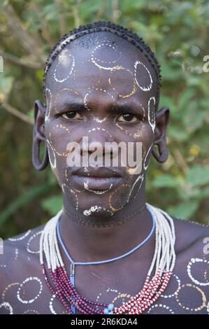 Surma man with body painting, face painting, Surma tribe, Kibish, Omo ...