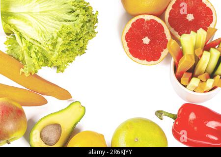 An array of vibrant, fresh produce laid out in a circular pattern on a plain white background Stock Photo