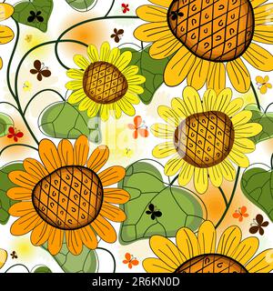 Repeating floral white summer pattern with sunflowers and butterflies (vector) Stock Vector
