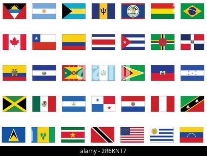 Complete vector set of flags from America. All objects are grouped and tagged with the country name. Stock Vector