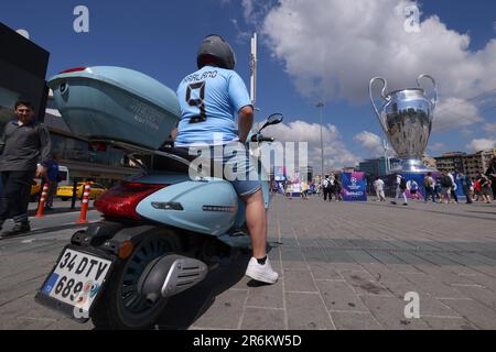 Ataturk Olympic Stadium, Istanbul, Turkey. 10th June, 2023. UEFA Champions League Final, Manchester City versus Inter Milan; Manchester City fans in the Taksim square one on a scooter with a Haaland shirt Credit: Action Plus Sports/Alamy Live News Stock Photo