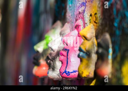 Close-up of artwork faces at John Lennon Wall, Prague, Bohemia, Czech Republic (Czechia), Europe Stock Photo