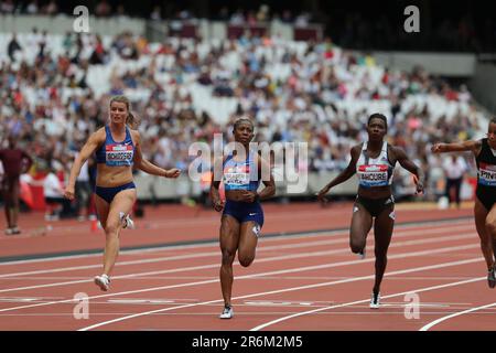 Shelly-Ann FRASER-PRYCE (Jamaica), Murielle AHOURÉ (Côte d'Ivoire, Ivory Coast), Dafne SCHIPPERS (Netherlands, Holland) crossing the finish line in the Women's 100m Heat 1 at the 2019, IAAF Diamond League, Anniversary Games, Queen Elizabeth Olympic Park, Stratford, London, UK. Stock Photo