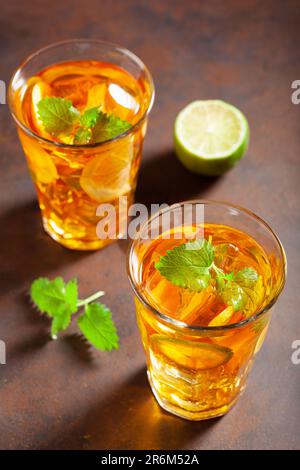 ice tea with lemon and mint herb Stock Photo