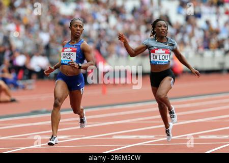 Shelly-Ann FRASER-PRYCE (Jamaica), Marie-Josée TA LOU (Côte d'Ivoire, Ivory Coast) crossing the finish line in the Women's 100m Final at the 2019, IAAF Diamond League, Anniversary Games, Queen Elizabeth Olympic Park, Stratford, London, UK. Stock Photo