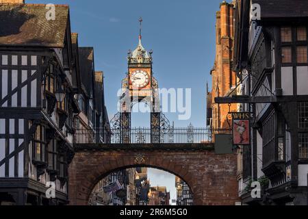 The Victorian Eastgate Clock on the city walls, Eastgate Street, Chester, Cheshire, England, United Kingdom, Europe Stock Photo