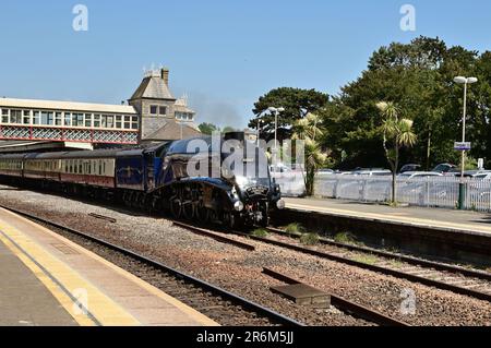 LNER Class A4 Pacific No 60007 Sir Nigel Gresley passing through Torquay station with the outward leg of the English Riviera Express on 3rd June 2023. Stock Photo