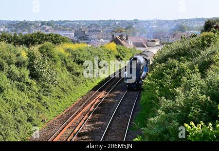 LNER Class A4 Pacific No 60007 Sir Nigel Gresley leaving Paignton with the return leg of the English Riviera Express on 3rd June 2023. Stock Photo