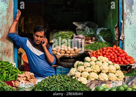Vegetable seller ih his shop in Sadar Market. Jodhpur, Rajasthan, India Stock Photo