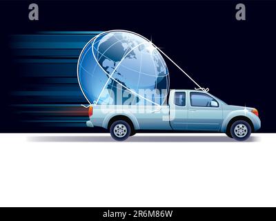 Blue pick-up truck delivers earth globe, black and white background. Stock Vector