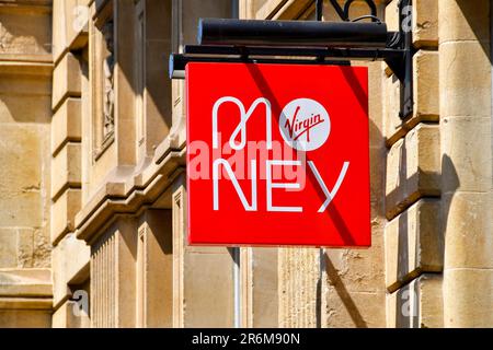 Cardiff, Wales - 8 June 2023: Sign above the entrance to a branch of Virgin Money Stock Photo