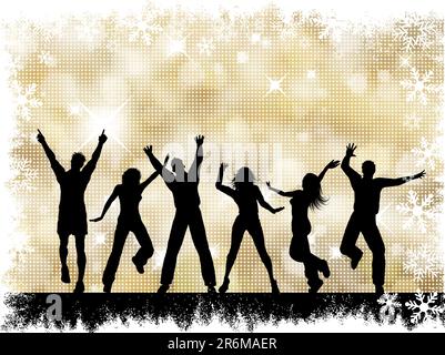 Silhouettes of people dancing on a golden snowflake halftone background Stock Vector