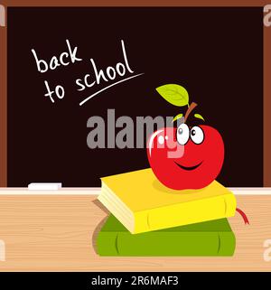 Vector Illustration of red apple, books and black board with "Back to school" sign. Stock Vector