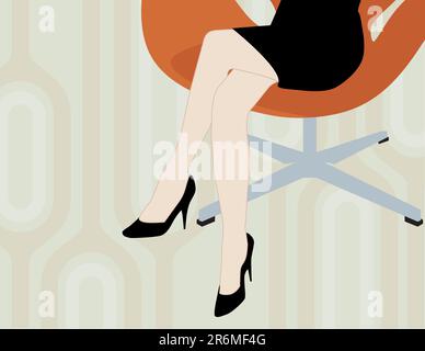 Modern woman sitting in cool office chair with 1970s background. Easy-edit layered vector file--No transparencies or strokes! Stock Vector