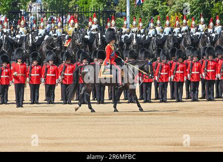 Horse Guards Parade, London, UK on June 10 2023. HRH Prince William, The Prince of Wales reviews the regiments of the Household Divisions as the Regimental Colonel of the Welsh Guards during the Trooping the Colour at Horse Guards Parade, London, UK on June 10 2023. The Divisions on Parade include, the Foot guards; The Grenadier Guards, The Coldstream Guards, The Scots Guards, The Irish Guards, The Welsh Guards, with the Household Cavalry Mounted Regiment made up of The Life Guards and The Blues and Royals who together provide the Sovereign's Escort. Credit: Francis Knight/Alamy Live News Stock Photo