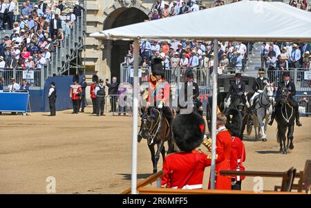 Horse Guards Parade, London, UK on June 10 2023. HRH Prince William, The Prince of Wales reviews the regiments of the Household Divisions as the Regimental Colonel of the Welsh Guards during the Trooping the Colour at Horse Guards Parade, London, UK on June 10 2023. The Divisions on Parade include, the Foot guards; The Grenadier Guards, The Coldstream Guards, The Scots Guards, The Irish Guards, The Welsh Guards, with the Household Cavalry Mounted Regiment made up of The Life Guards and The Blues and Royals who together provide the Sovereign's Escort. Credit: Francis Knight/Alamy Live News Stock Photo