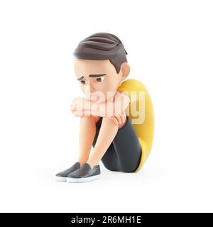 3d boy curled up on the floor, illustration isolated on white background Stock Photo