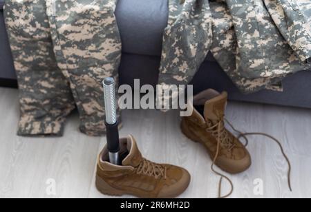 Soldier Artificial Prosthetic leg. War Stock Photo