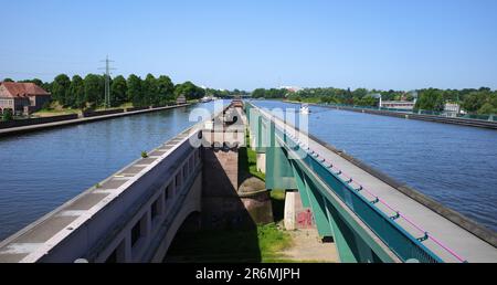 Minden, Germany- June 5 2023 The Minden Aqueduct consists of two parallel water bridges, that lead the Mittelland Canal over the Weser.  It is the sec Stock Photo