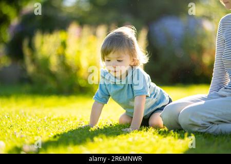 Cute big sister with her toddler brother. Adorable teenage girl holding baby boy. Children with large age gap. Big age difference between siblings. Bi Stock Photo