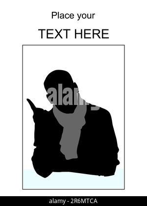silhouette of man with muffler pointing sideways against white background Stock Vector