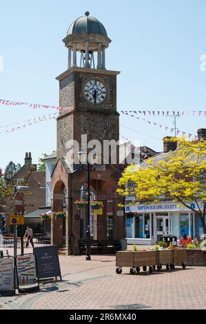 View of Market Square and clock tower, Chesham town centre, Buckinghamshire, England, UK Stock Photo