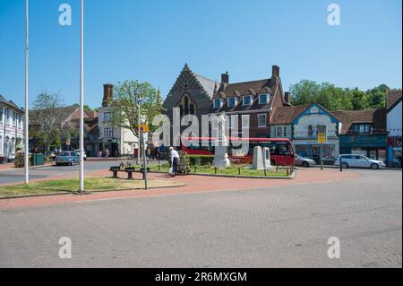 View over The Broadway showing Chesham War Memorial on central road island. Chesham, Buckinghamshire, England, UK Stock Photo