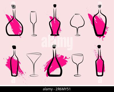 Abstract picture of wine bottles and wine glasses on pink background Stock Vector