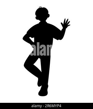 Black silhouette of a cheerful young man waving his hand, man saying hi, vector illustration Stock Vector