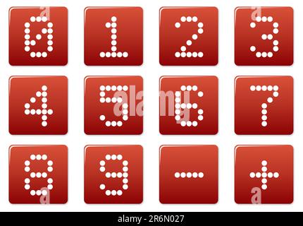 Digits square icons set. Red - white palette. Vector illustration. Stock Vector