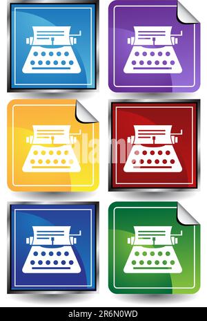 Set of 6 3D buttons - square and sticker style - old fashion typewriter. Stock Vector