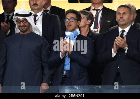 Manchester City owner Sheikh Mansour bin Zayed bin Sultan Al Nahyan (centre) and chairman Khaldoon Khalifa Al Mubarak (right) during the UEFA Champions League final match at the Ataturk Olympic Stadium, Istanbul. Picture date: Saturday June 10, 2023. Stock Photo