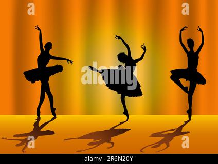 Vector illustration of three ballet dancers with stars and on background Stock Vector