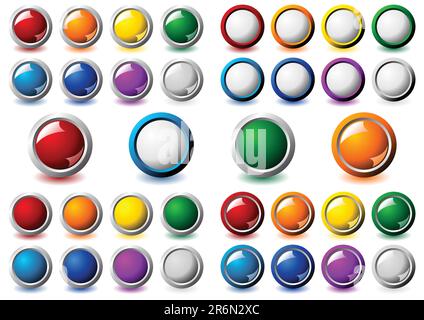 Suit of interface round buttons with different colors and metallic frame over white background Stock Vector