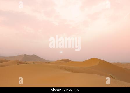 Majestic beautiful scene of Merzouga dunes of Sahara desert Morocco. Stock Photo