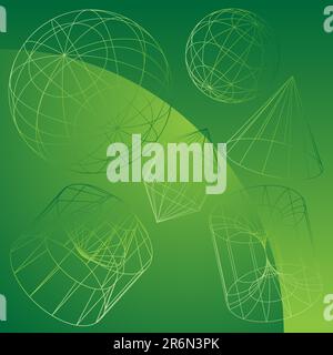 3D wire mesh shapes with green background. Stock Vector