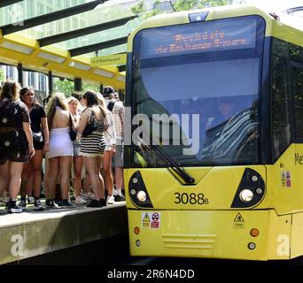 Manchester, UK. 10th June, 2023. Metrolink tram platforms are crowded as some 82,000 music fans head to Parklife festival, the annual music festival held in June each year in Heaton Park, Manchester, UK, for the first day of the two day event. Metrolink closed some central Manchester tram stops, like Exchange Square, Market Street, and Piccadilly Gardens stops, as such large numbers are travelling. This surprised some travellers who were unaware that tram stops would be closed. Credit: Terry Waller/Alamy Live News Stock Photo
