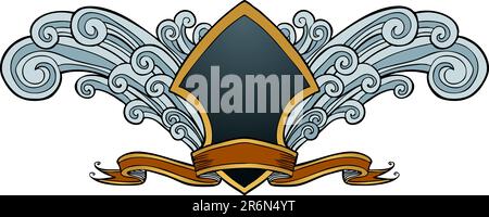 Hand drawn artsy pattern of waves and wings with crest symbol. Stock Vector