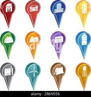 Set of 12 3D building icons used as marking points. Stock Vector