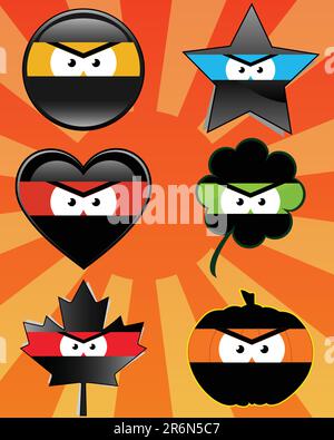 Set of 6 ninja emoticons - vector illustrations Stock Vector