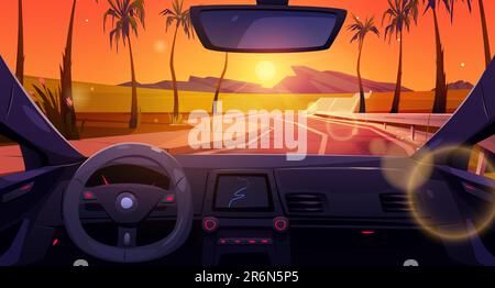 Sunset road with inside car dashboard view summer vector background. Palm tree and sun nature vacation landscape from vehicle windscreen. Unmanned navigation and steering to orange skyline and rock. Stock Vector