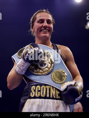 Ellie Scotney posing with her belt following the IBF Super-Bantamweight World Title match at the OVO Arena Wembley, London. Picture date: Saturday June 10, 2023. Stock Photo