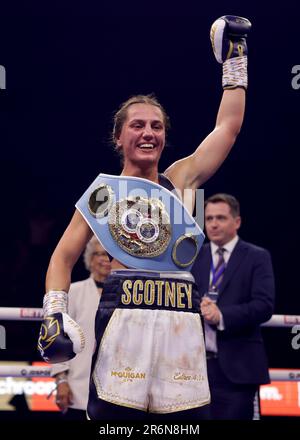 Ellie Scotney posing with her belt following the IBF Super-Bantamweight World Title match at the OVO Arena Wembley, London. Picture date: Saturday June 10, 2023. Stock Photo