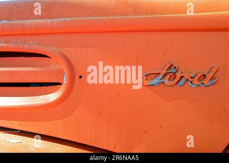 The Ford emblem on an abandoned oil truck in the desert in Nevada, USA Stock Photo
