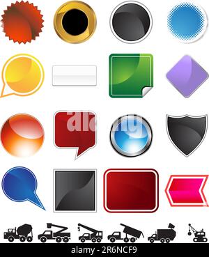 Set of different types of trucks with blank buttons - construction and garbage. Stock Vector