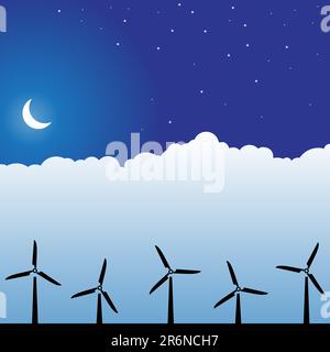 Background night scene with clouds and moon with wind turbines. Stock Vector