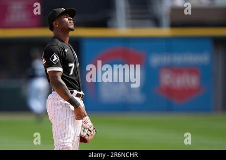 Chicago White Sox shortstop Tim Anderson looks skyward after his fielding  error in the ninth inning of a baseball game against the Miami Marlins,  Saturday, June 10, 2023, in Chicago. The Marlins