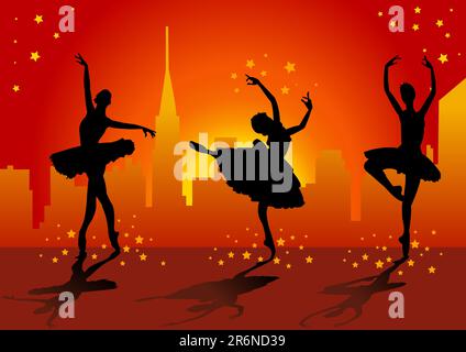 Vector illustration of three ballet dancers with stars and on background Stock Vector