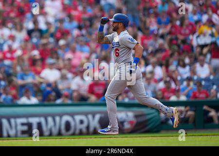 Los Angeles Dodgers' David Peralta (6) celebrates after doubling during the  second inning of a baseball game against the New York Yankees in Los  Angeles, Sunday, June 4, 2023. (AP Photo/Ashley Landis